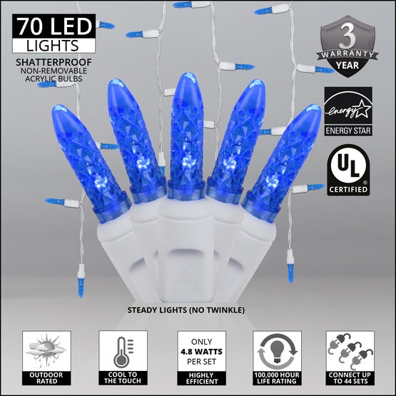 70 M5 LED Icicle Lights, Blue, White Wire