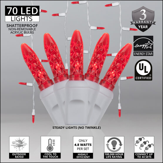 70 M5 LED Icicle Lights, Red, White Wire