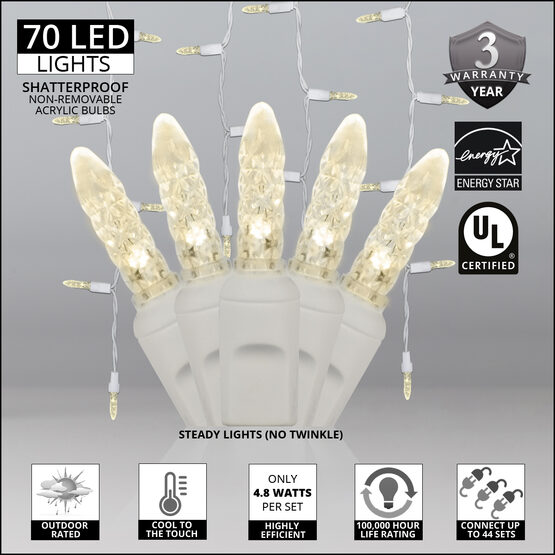 70 M5 LED Icicle Lights, Warm White, White Wire