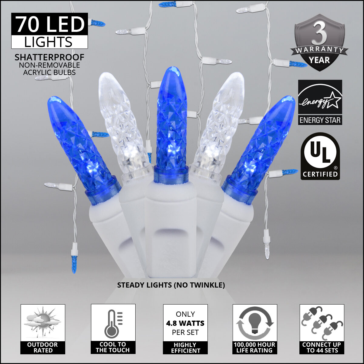 70 M5 LED Icicle Lights, Blue/White, White Wire - Yard Envy
