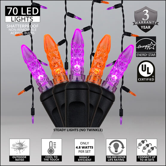 70 M5 Halloween LED Icicle Lights, Purple/Amber, Black Wire