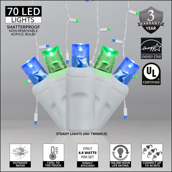 70 5mm LED Icicle Lights, Blue/Green, White Wire