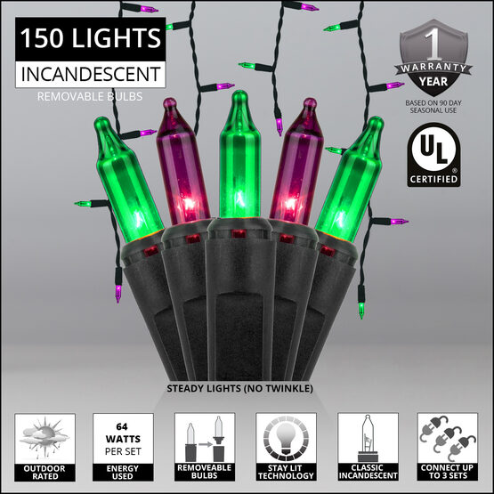 150 Halloween Icicle Lights, Purple/Green, Black Wire