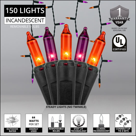 150 Halloween Icicle Lights, Purple/Orange, Black Wire