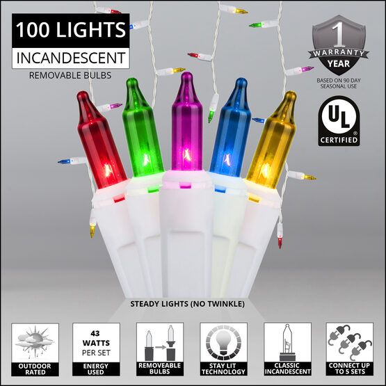 100 Icicle Lights, Multicolor, White Wire