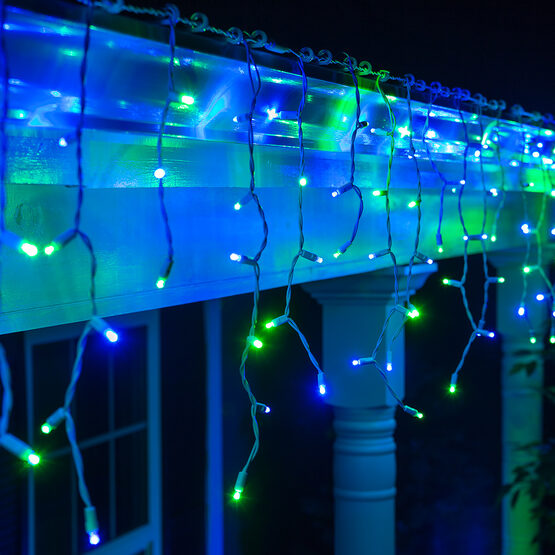 70 5mm LED Icicle Lights, Blue/Green, White Wire