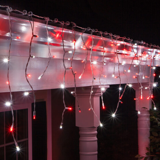 70 5mm LED Icicle Lights, Red/Cool White, White Wire