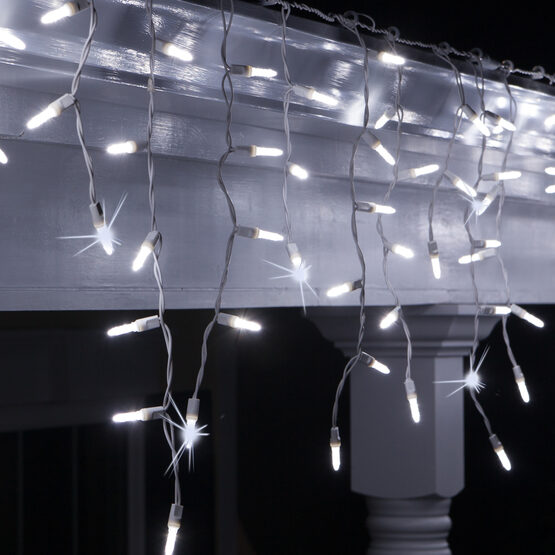 70 M5 LED Icicle Lights, Cool White Twinkle, White Wire