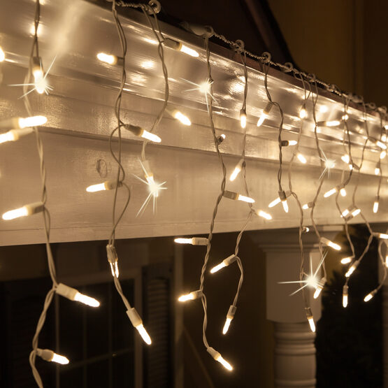 70 M5 LED Icicle Lights, Warm White Twinkle, White Wire
