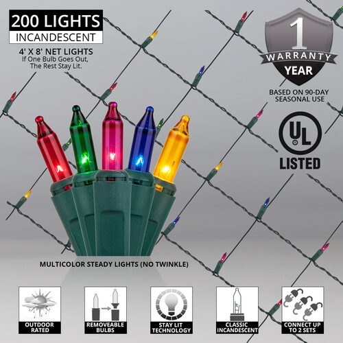 4' x 8' Net Lights, Multicolor, Green Wire