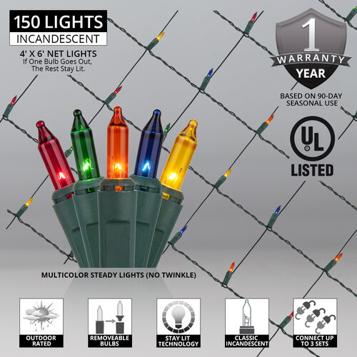 4' x 6' Net Lights, Multicolor, Green Wire