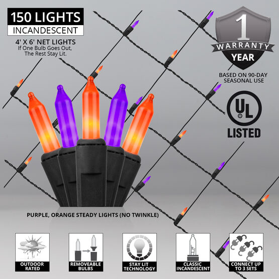 4' x 6' Net Lights, Purple, Orange, Black Wire