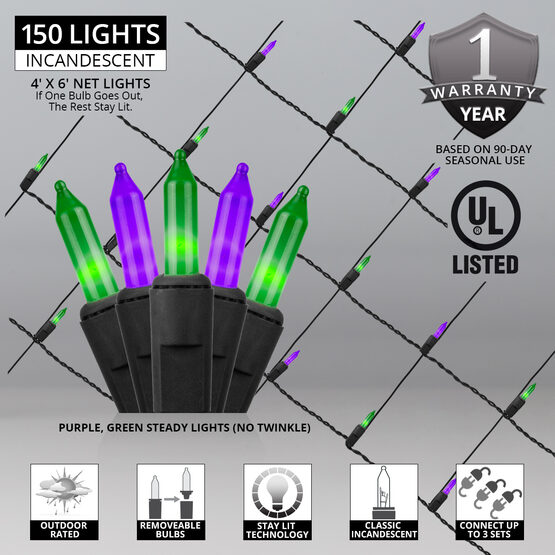 4' x 6' Net Lights, Purple, Green, Black Wire