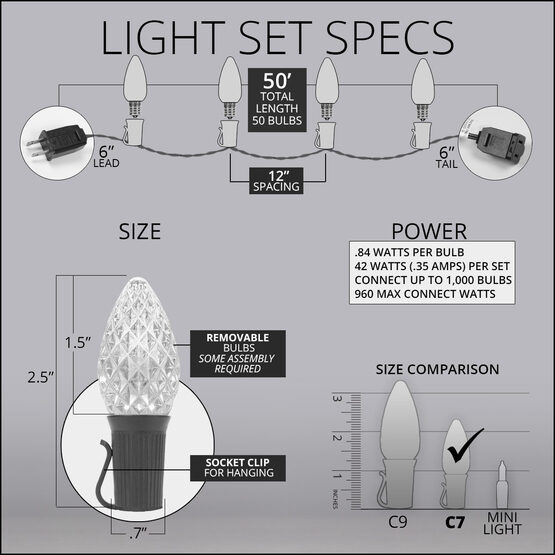 OptiCore C7 Commercial LED String Lights, Warm White Twinkle, 50 Lights, 50'