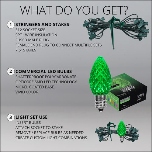 OptiCore C7 LED Walkway Lights, Green, 7.5" Stakes, 100'
