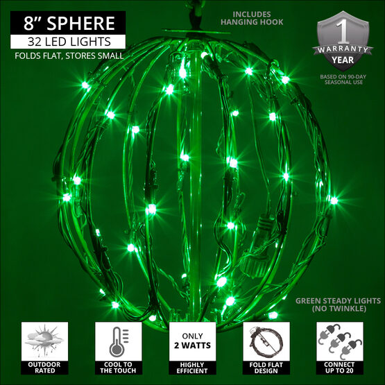 8" Light Ball, Fold Flat Green Frame, Green LED