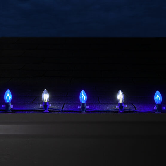 FlexFilament C9 Commercial Shatterproof Vintage LED String Lights, Blue / Cool White, 50 Lights, 50'