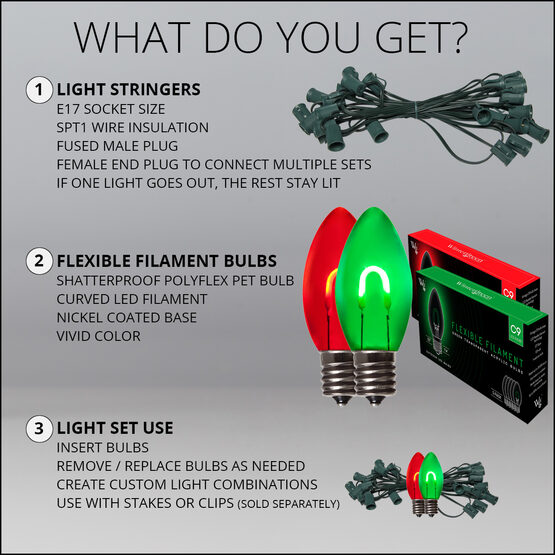 FlexFilament C9 Commercial Shatterproof Vintage LED String Lights, Green / Red, 50 Lights, 50'