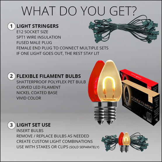 FlexFilament C7 Commercial Shatterproof Vintage LED String Lights, Red / Warm White, 50 Lights, 50'