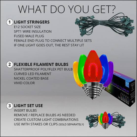 FlexFilament C7 Commercial Shatterproof Vintage LED String Lights, Multicolor, 15 Lights, 15'