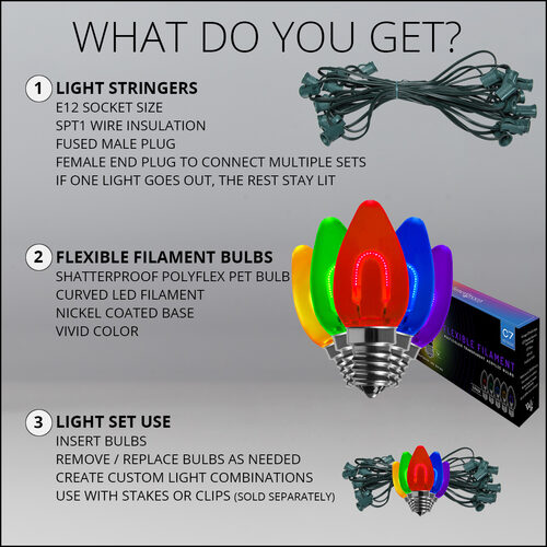 FlexFilament C7 Commercial Shatterproof Vintage LED String Lights, Multicolor, 15 Lights, 15'