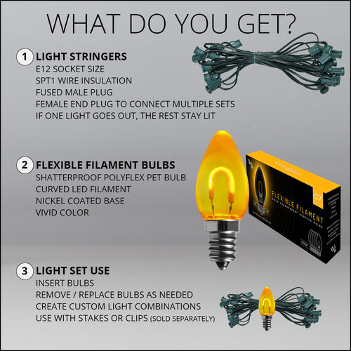 FlexFilament C7 Commercial Shatterproof Vintage LED String Lights, Gold, 15 Lights, 15'