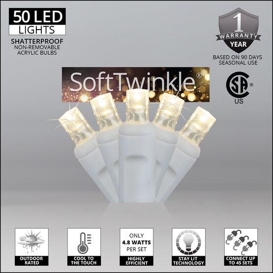 SoftTwinkle Wide Angle LED Mini Lights, Warm White, White Wire