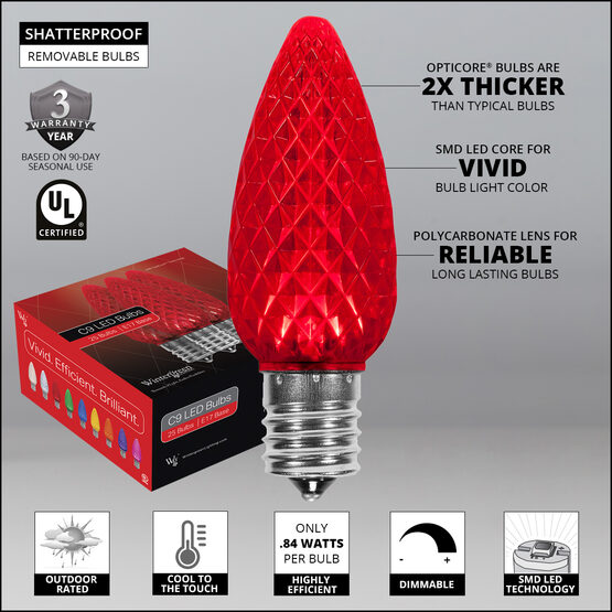 OptiCore C9 Commercial LED String Lights, Red, 25 Lights, 25'