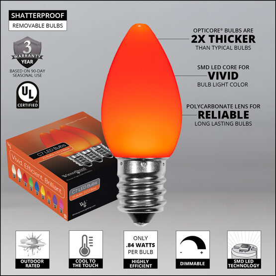 C7 Smooth OptiCore LED Light Bulbs, Amber / Orange