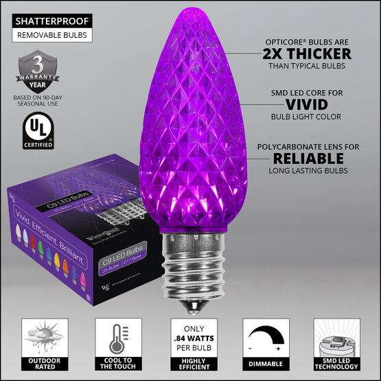OptiCore C9 Commercial LED String Lights, Purple, 25 Lights, 25'