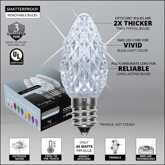 OptiCore C7 Commercial LED String Lights, Cool White Twinkle, 50 Lights, 50'