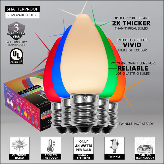 C7 Smooth OptiCore<sup>&reg</sup> LED Light Bulbs, Multicolor Twinkle