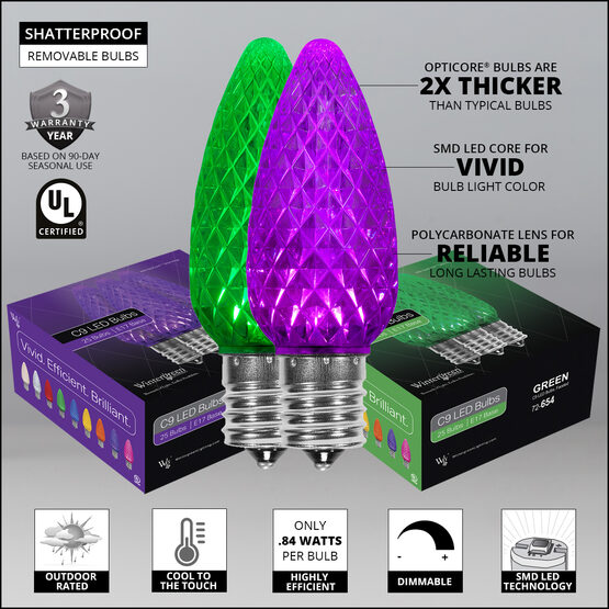 OptiCore C9 Commercial LED String Lights, Green / Purple, 50 Lights, 50'