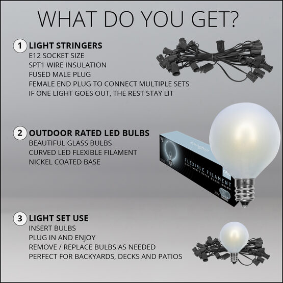 10' Patio String Light Set, 10 Cool White G50 FlexFilament TM LED Satin Glass Bulbs, Black Wire