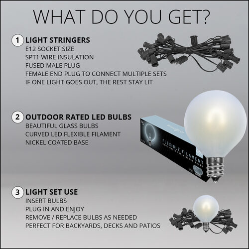 10' Patio String Light Set, 10 Cool White G50 FlexFilament TM LED Satin Glass Bulbs, Black Wire