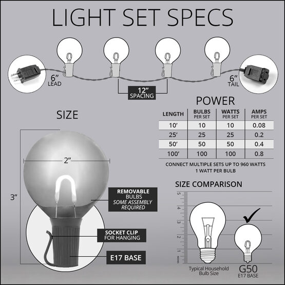 10' Patio String Light Set, 10 Warm White G50 FlexFilament LED Glass Bulbs, Black Wire