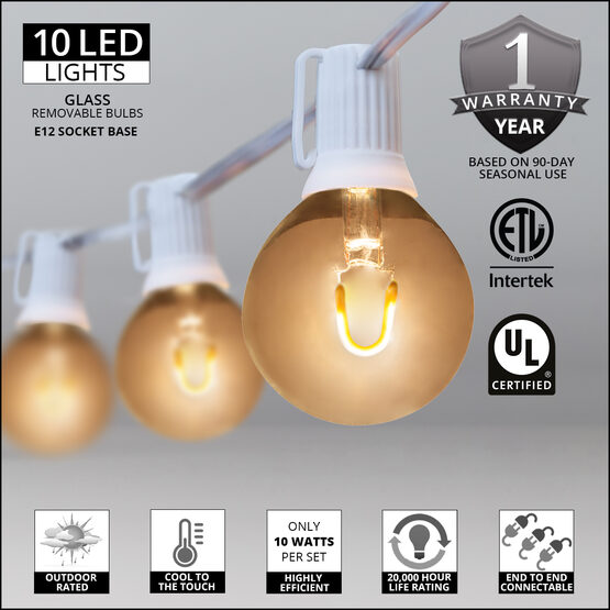 10' Patio String Light Set, 10 Warm White G50 FlexFilament TM LED Glass Bulbs, White Wire