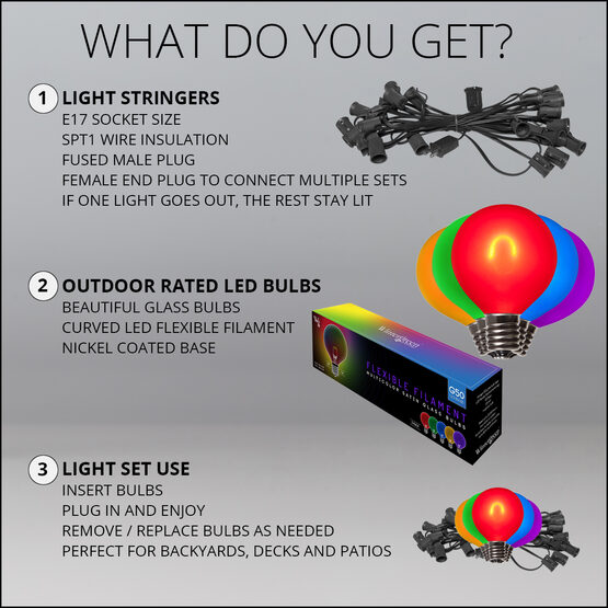 10' Patio String Light Set, 10 Multicolor G50 FlexFilament TM LED Satin Glass Bulbs, Black Wire