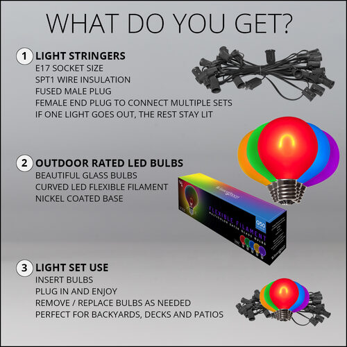10' Patio String Light Set, 10 Multicolor G50 FlexFilament TM LED Satin Glass Bulbs, Black Wire