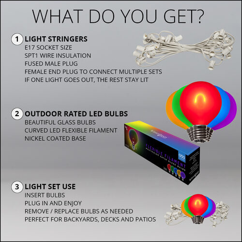 10' Patio String Light Set, 10 Multicolor G50 FlexFilament TM LED Satin Glass Bulbs, White Wire