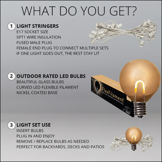 10' Patio String Light Set, 10 Warm White G50 FlexFilament LED Glass Bulbs, White Wire