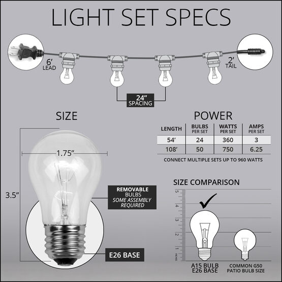 54' Outdoor Patio Light String, 24 Clear A15 Bulbs