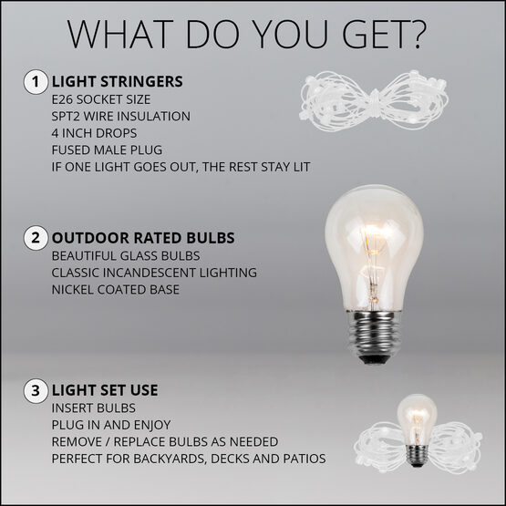 54' Outdoor Patio Light String, 24 Clear A15 Bulbs