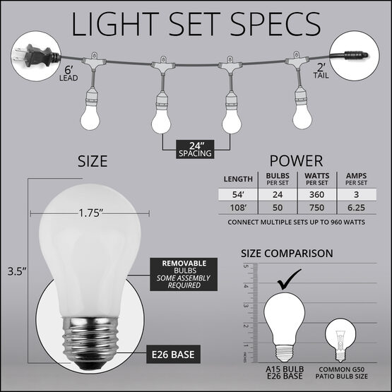 54' Outdoor Patio Light String, 24 White A15 Bulbs