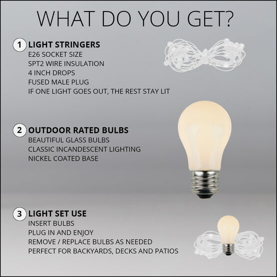 54' Outdoor Patio Light String, 24 White A15 Bulbs