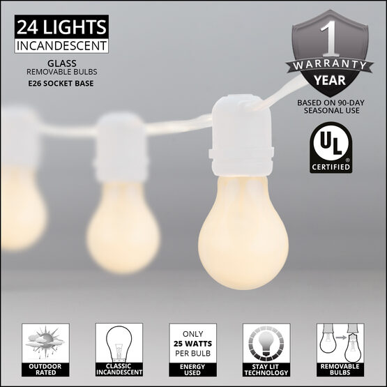 54' Outdoor Patio Light String, 24 White A19 Bulbs