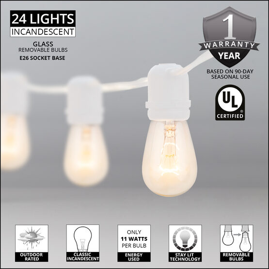 54' Outdoor Patio Light String, 24 Clear S14 Bulbs