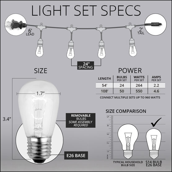 54' Outdoor Patio Light String, 24 Clear S14 Bulbs