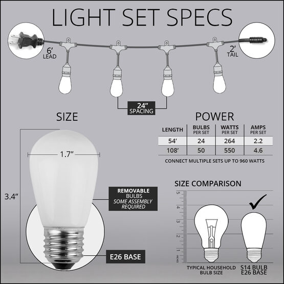 54' Outdoor Patio Light String, 24 White S14 Bulbs