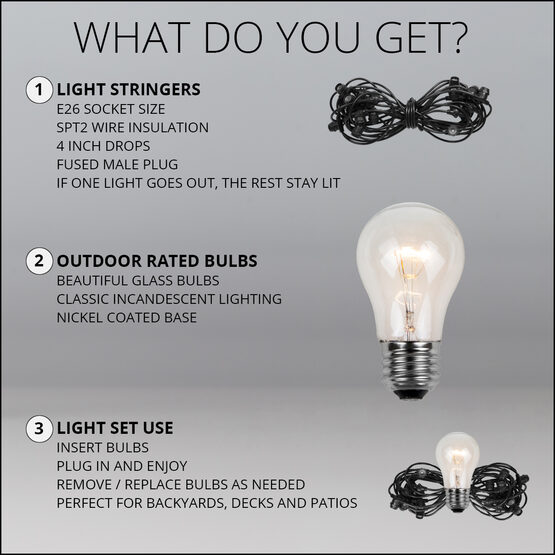 54' Outdoor Patio Light String, 24 Clear A15 Bulbs